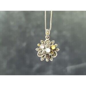 925 Sterling Silver MOP Marcasite Floral Pendant Necklace Vintage READ